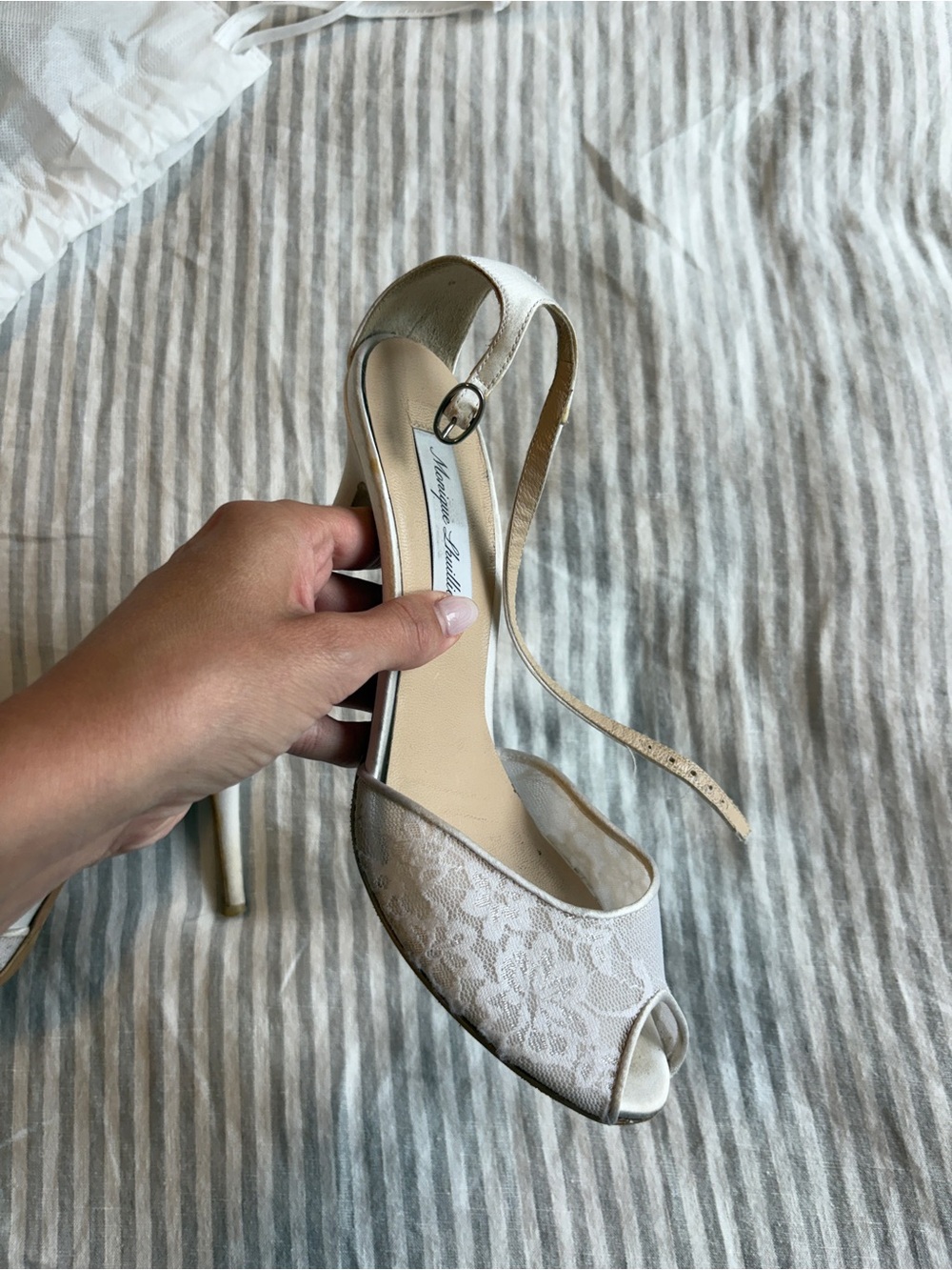 Monique Lhuillier Ivory Lace Peep-Toe Slingback Heels
